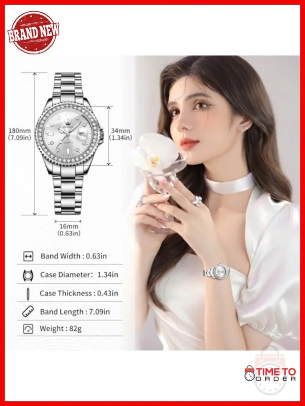Silver Stainless Steel Diamond Watch with Date Quartz Analog 34mm
